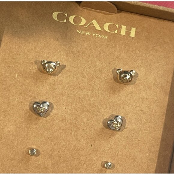 Coach Teddy Bear Heart Stud Earrings Set NIB - Picture 6 of 6
